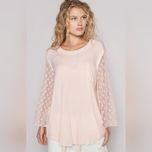 Elegant Pink Lace Sleeve Women's Top